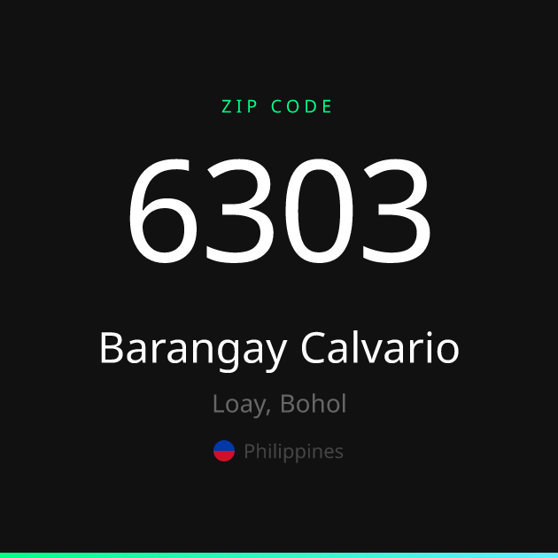 Shareable ZIP code 6303 card for Barangay Calvario, dark theme