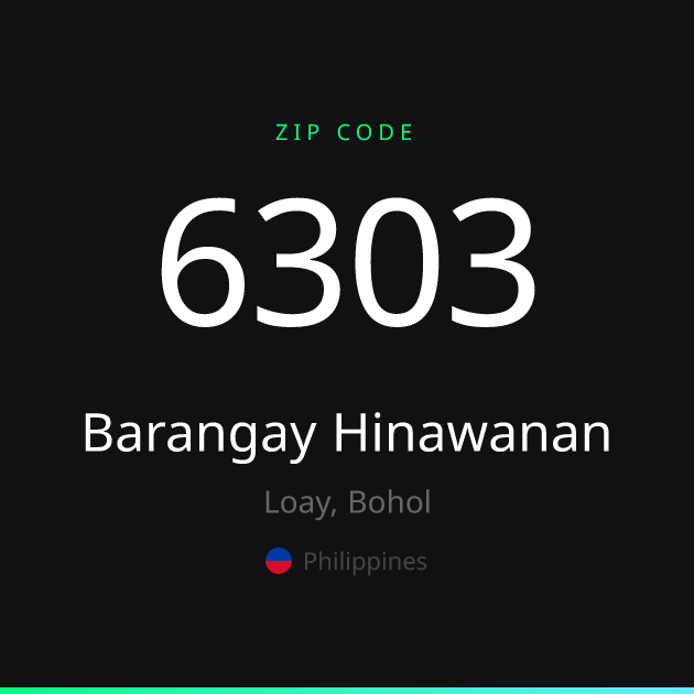 Shareable ZIP code 6303 card for Barangay Hinawanan, dark theme