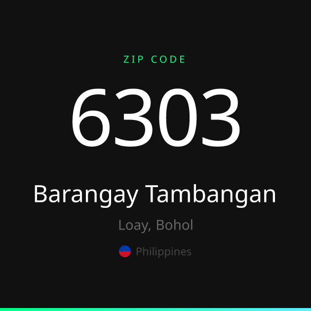 Shareable ZIP code 6303 card for Barangay Tambangan, dark theme