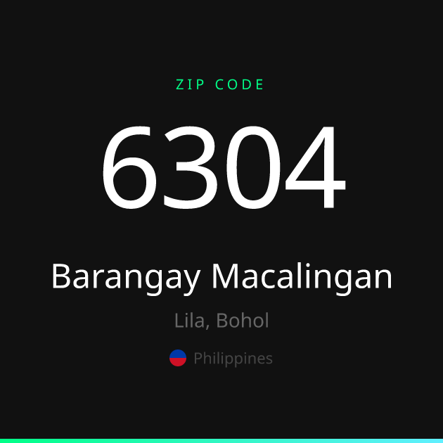 Shareable ZIP code 6304 card for Barangay Macalingan, dark theme