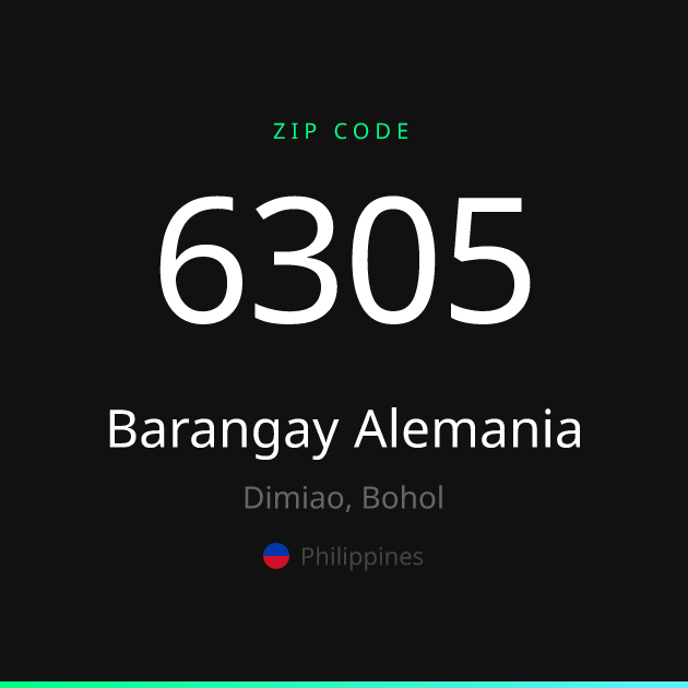 Shareable ZIP code 6305 card for Barangay Alemania, dark theme