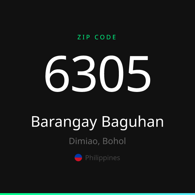Shareable ZIP code 6305 card for Barangay Baguhan, dark theme
