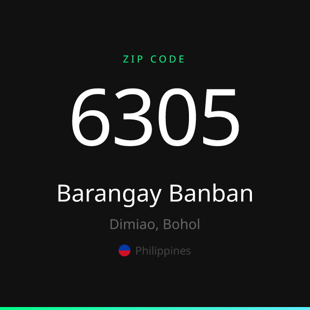 Shareable ZIP code 6305 card for Barangay Banban, dark theme