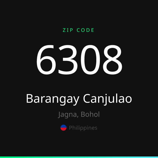 Shareable ZIP code 6308 card for Barangay Canjulao, dark theme