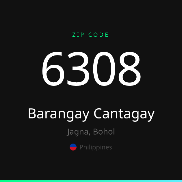 Shareable ZIP code 6308 card for Barangay Cantagay, dark theme