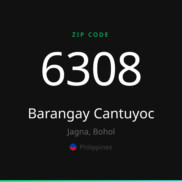 Shareable ZIP code 6308 card for Barangay Cantuyoc, dark theme