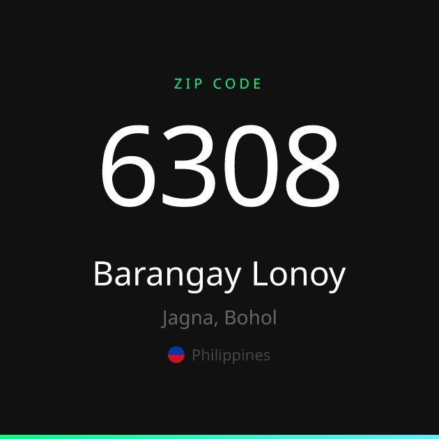 Shareable ZIP code 6308 card for Barangay Lonoy, dark theme