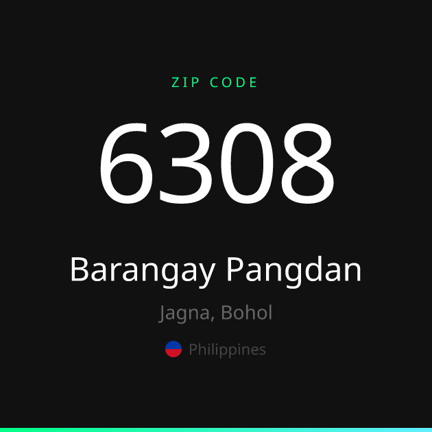 Shareable ZIP code 6308 card for Barangay Pangdan, dark theme