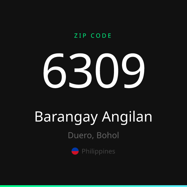 Shareable ZIP code 6309 card for Barangay Angilan, dark theme