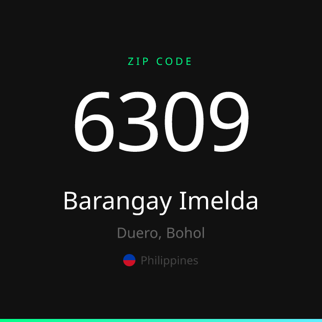 Shareable ZIP code 6309 card for Barangay Imelda, dark theme