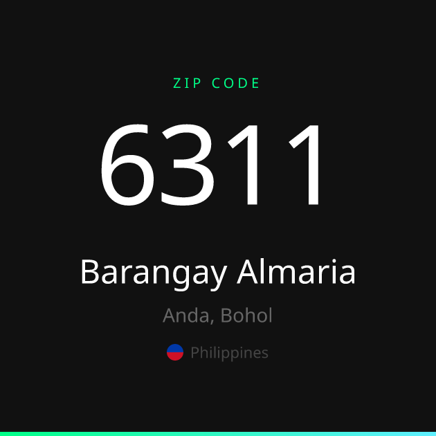 Shareable ZIP code 6311 card for Barangay Almaria, dark theme