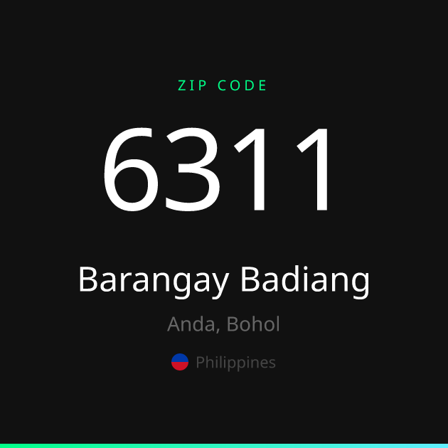 Shareable ZIP code 6311 card for Barangay Badiang, dark theme