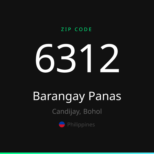 Shareable ZIP code 6312 card for Barangay Panas, dark theme