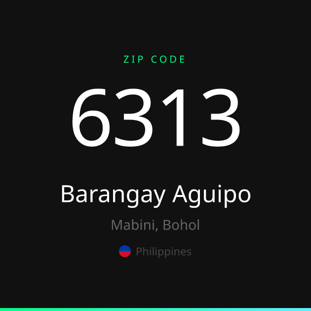 Shareable ZIP code 6313 card for Barangay Aguipo, dark theme