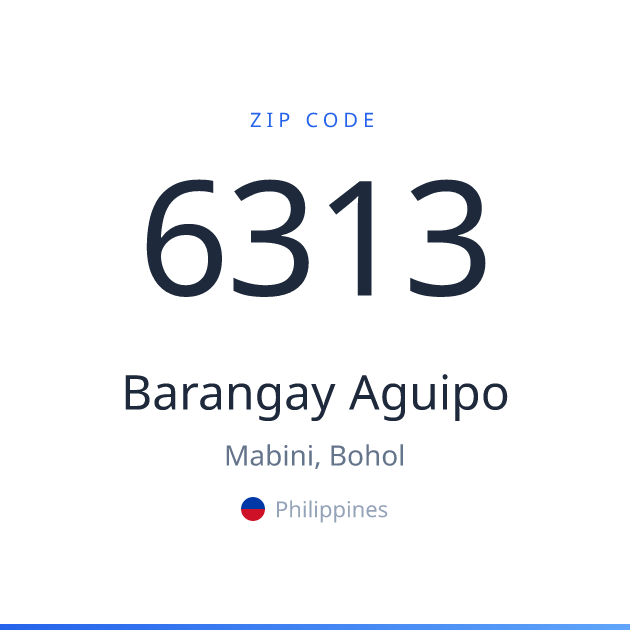 Shareable ZIP code 6313 card for Barangay Aguipo, light theme