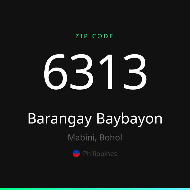 Shareable ZIP code 6313 card for Barangay Baybayon, dark theme