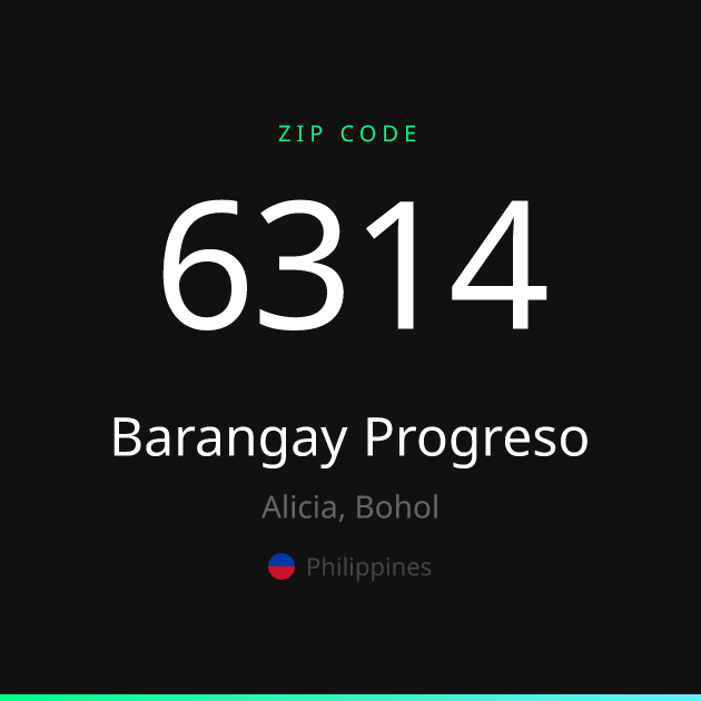 Shareable ZIP code 6314 card for Barangay Progreso, dark theme