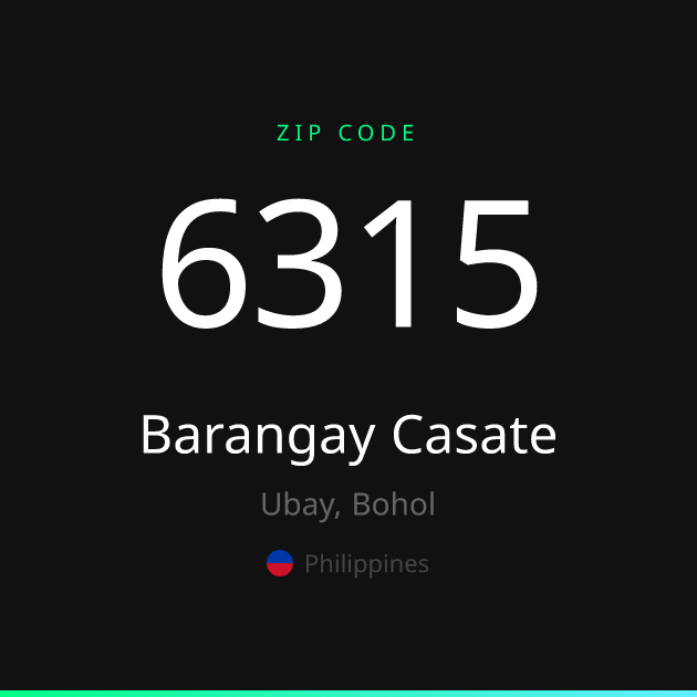 Shareable ZIP code 6315 card for Barangay Casate, dark theme