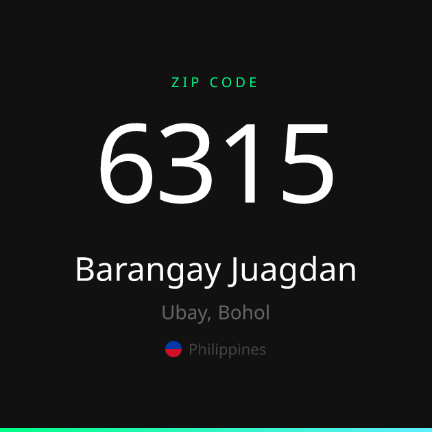 Shareable ZIP code 6315 card for Barangay Juagdan, dark theme