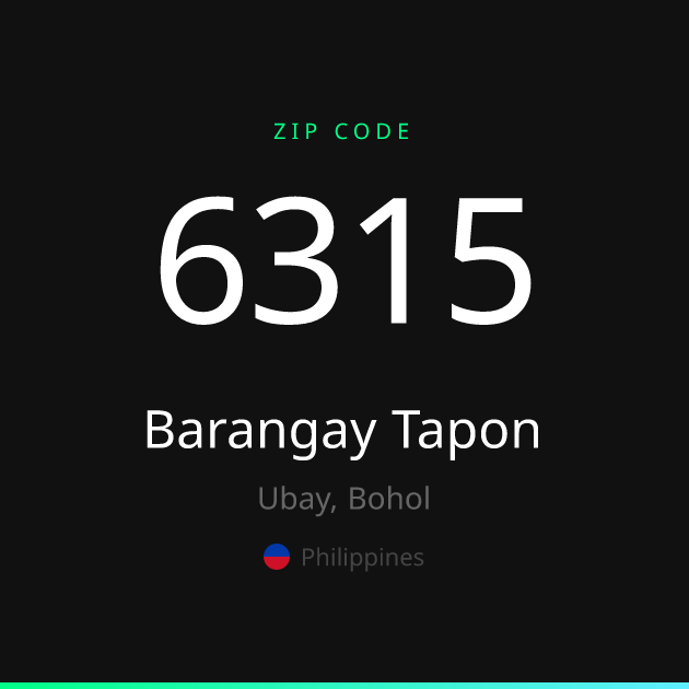 Shareable ZIP code 6315 card for Barangay Tapon, dark theme