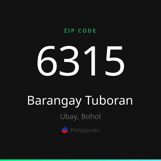 Shareable ZIP code 6315 card for Barangay Tuboran, dark theme