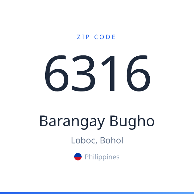 Shareable ZIP code 6316 card for Barangay Bugho, light theme