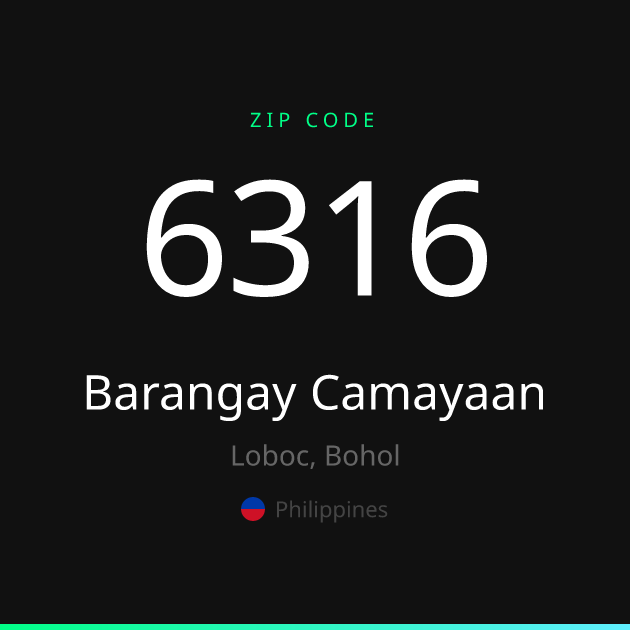 Shareable ZIP code 6316 card for Barangay Camayaan, dark theme
