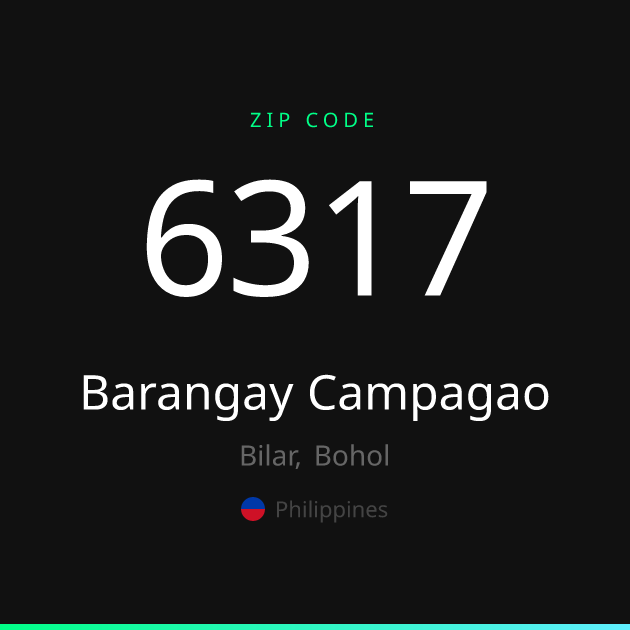 Shareable ZIP code 6317 card for Barangay Campagao, dark theme