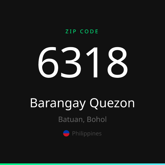 Shareable ZIP code 6318 card for Barangay Quezon, dark theme