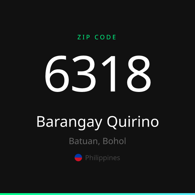 Shareable ZIP code 6318 card for Barangay Quirino, dark theme