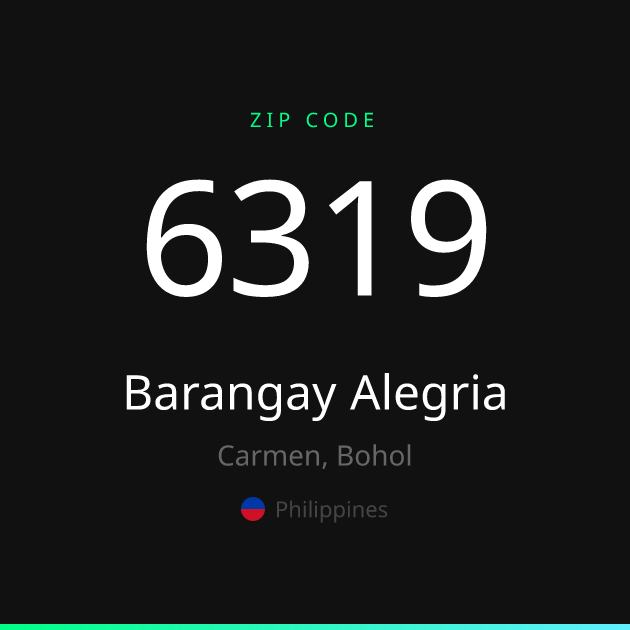 Shareable ZIP code 6319 card for Barangay Alegria, dark theme
