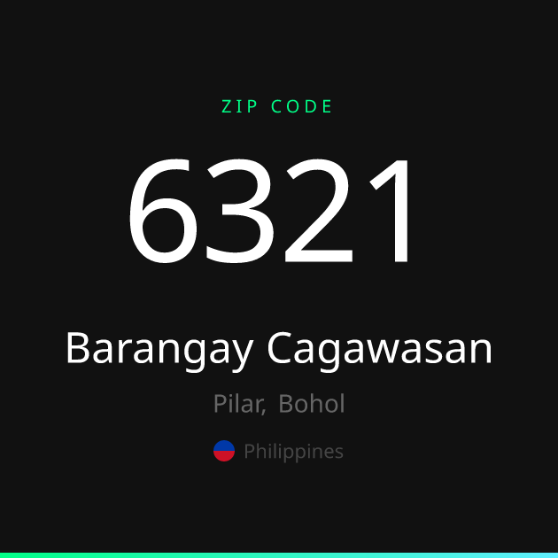 Shareable ZIP code 6321 card for Barangay Cagawasan, dark theme