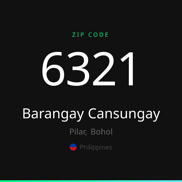 Shareable ZIP code 6321 card for Barangay Cansungay, dark theme
