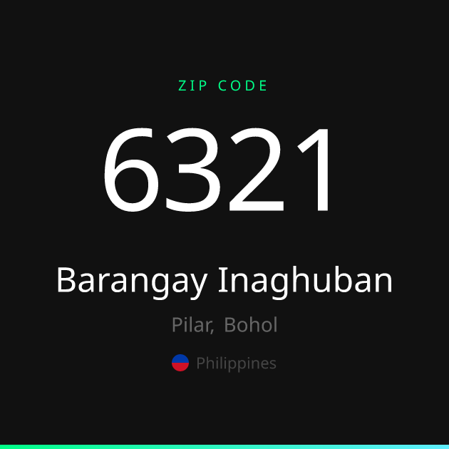 Shareable ZIP code 6321 card for Barangay Inaghuban, dark theme