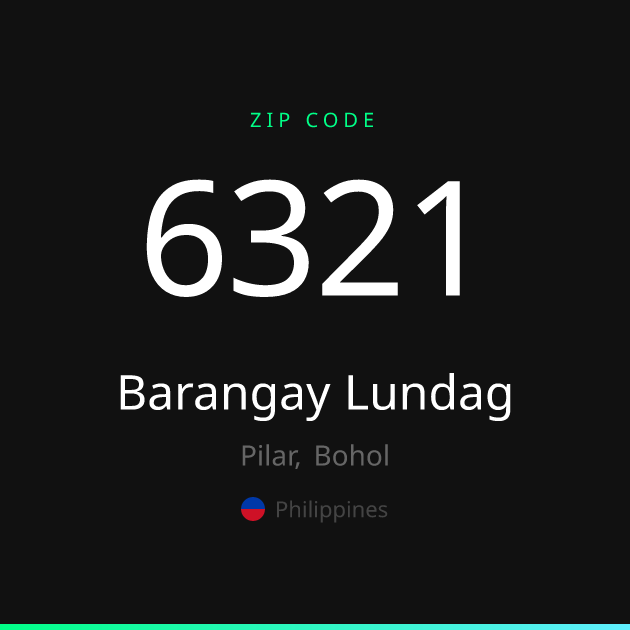 Shareable ZIP code 6321 card for Barangay Lundag, dark theme