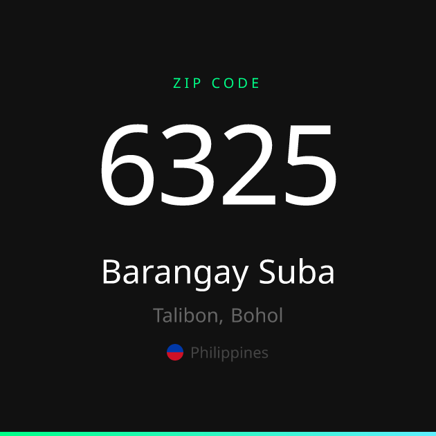 Shareable ZIP code 6325 card for Barangay Suba, dark theme