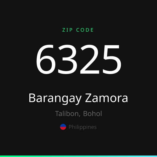 Shareable ZIP code 6325 card for Barangay Zamora, dark theme