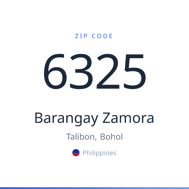 Shareable ZIP code 6325 card for Barangay Zamora, light theme