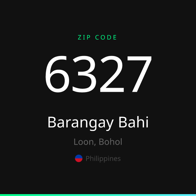 Shareable ZIP code 6327 card for Barangay Bahi, dark theme