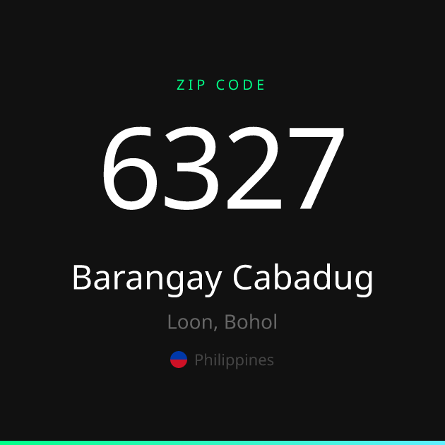 Shareable ZIP code 6327 card for Barangay Cabadug, dark theme