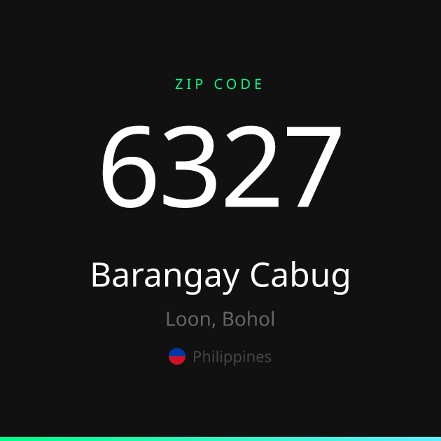 Shareable ZIP code 6327 card for Barangay Cabug, dark theme