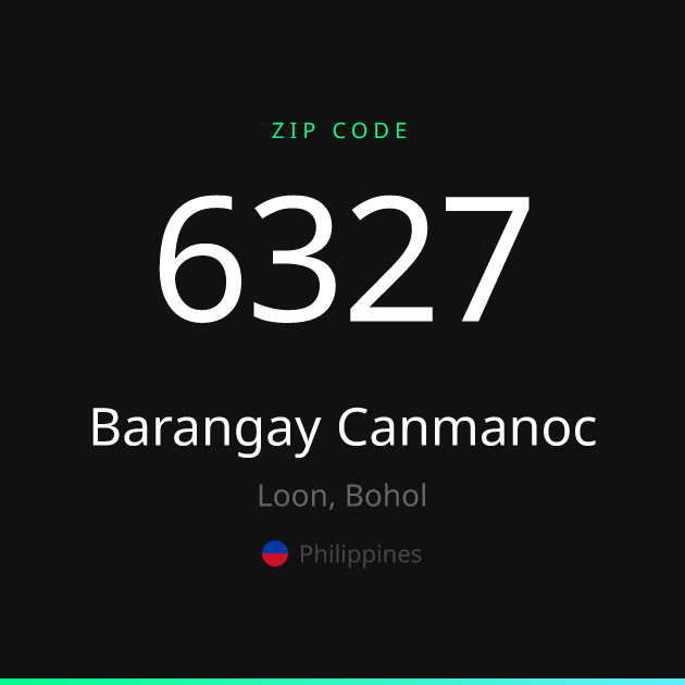 Shareable ZIP code 6327 card for Barangay Canmanoc, dark theme