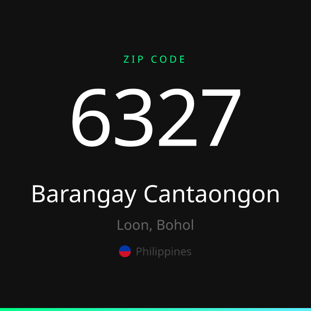 Shareable ZIP code 6327 card for Barangay Cantaongon, dark theme