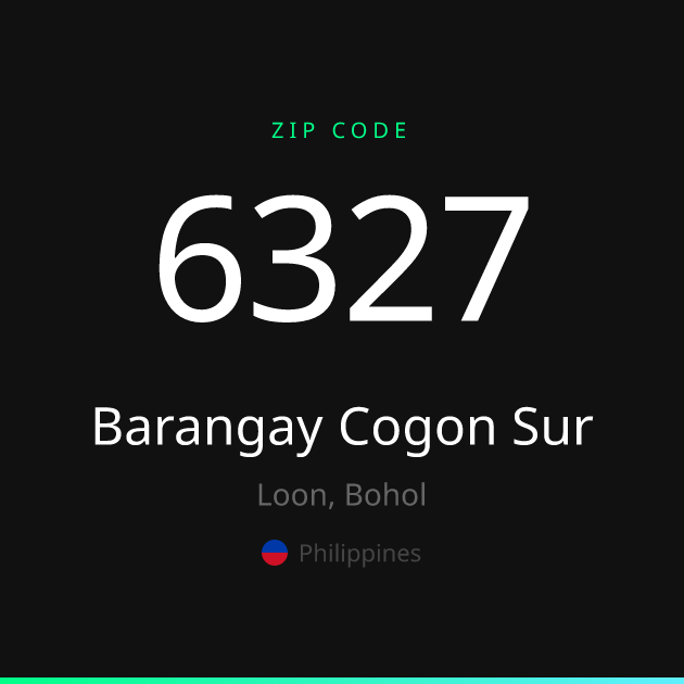 Shareable ZIP code 6327 card for Barangay Cogon Sur, dark theme