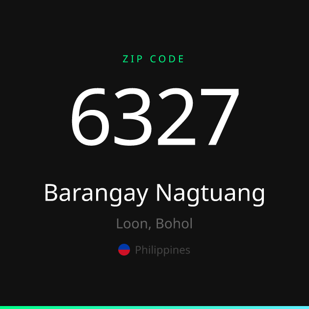 Shareable ZIP code 6327 card for Barangay Nagtuang, dark theme