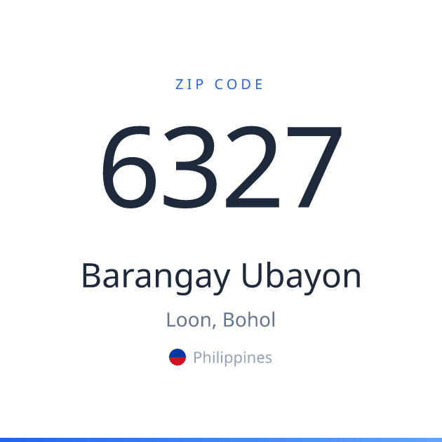 Shareable ZIP code 6327 card for Barangay Ubayon, light theme