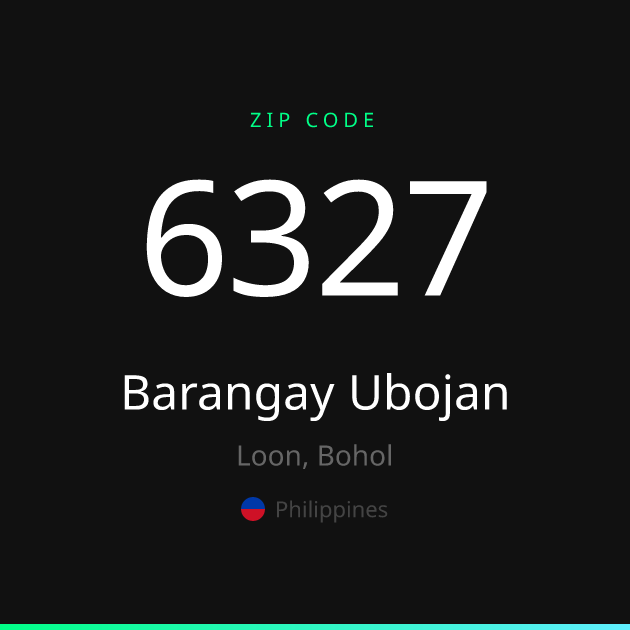 Shareable ZIP code 6327 card for Barangay Ubojan, dark theme