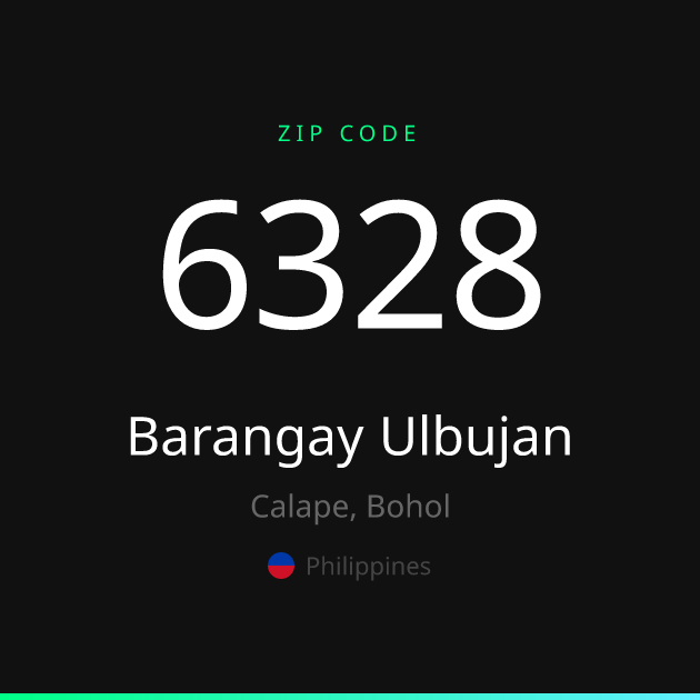 Shareable ZIP code 6328 card for Barangay Ulbujan, dark theme