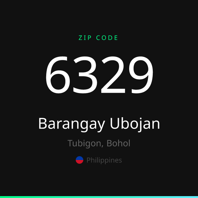 Shareable ZIP code 6329 card for Barangay Ubojan, dark theme