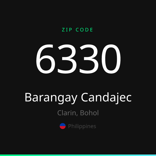 Shareable ZIP code 6330 card for Barangay Candajec, dark theme